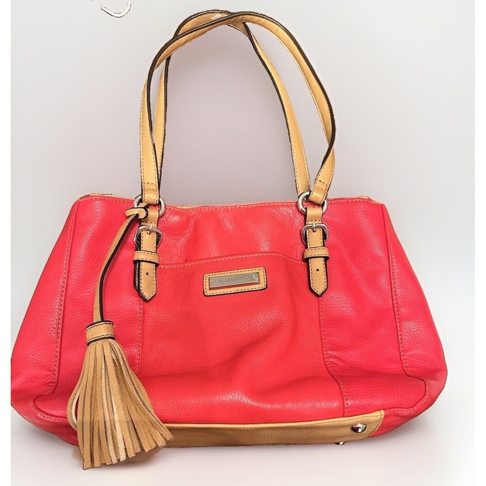 Tignanello Red Beige Pebbled Faux Leather Satchel Tassel Zip Pockets